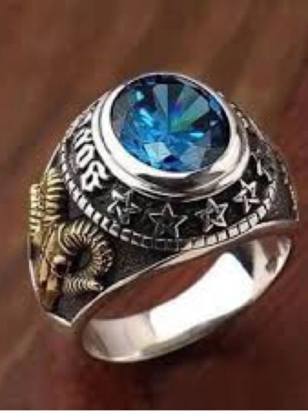 Men's Silver-Tone Ring with Bright Blue Gem and Ram Accent